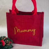 Personalised Red Christmas Hessian Tote Bag with Glitter Name