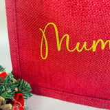 Personalised Red Christmas Hessian Tote Bag with Glitter Name