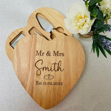 Personalised Mr & Mrs Heart Shaped Wooden Cheese Board and Cheese Knives set