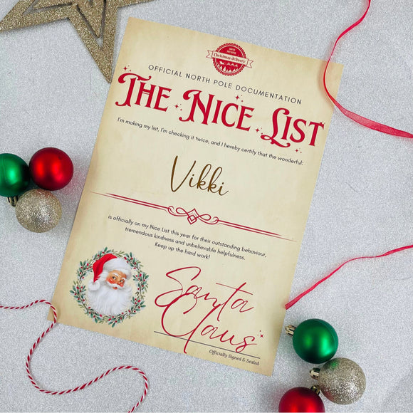 Physical A4 Nice List Certificate, Santa's Nice List Certificate, Santa Mail, Christmas List