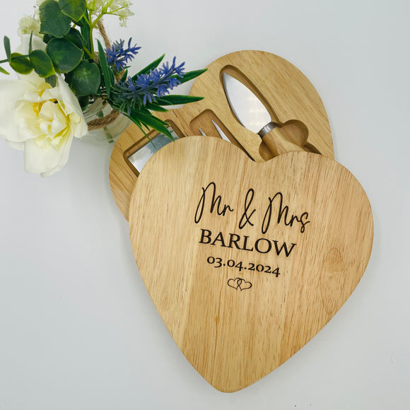Personalised Mr & Mrs Heart Shaped Wooden Cheese Board and Cheese Knives set