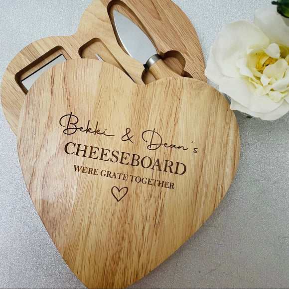 Personalised Heart Shaped Wooden Cheese Board and Cheese Knives set